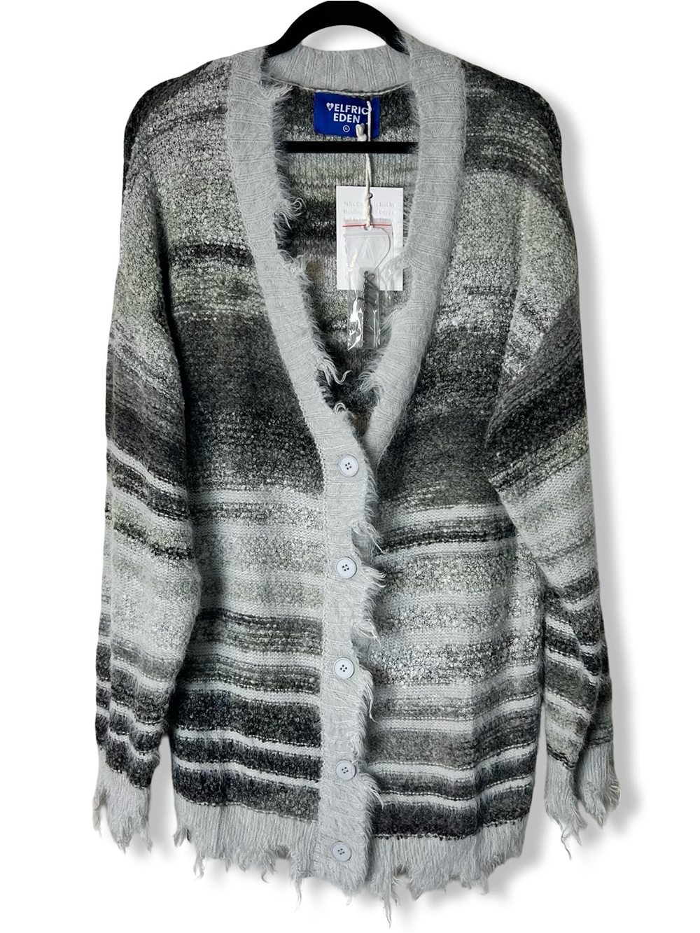 NWT Aelfric Eden Unisex Fringe Stripe Cardigan Oversized Fuzzy Gray Black Sz. XL